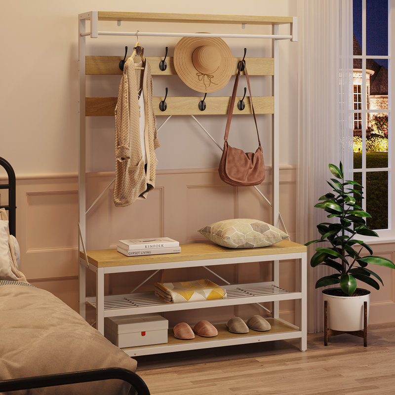 Industrial Hall Tree Coat Rack with Shoe Bench & Storage Shelf – 8 Hooks, Hanging Bar – Robust Metal Frame – Multi-Purpose Entryway Organizer for Living Room, Bedroom – White