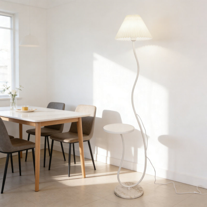 Modern Pleated Cream Floor Lamp With Table Top And Dimmable Bulb