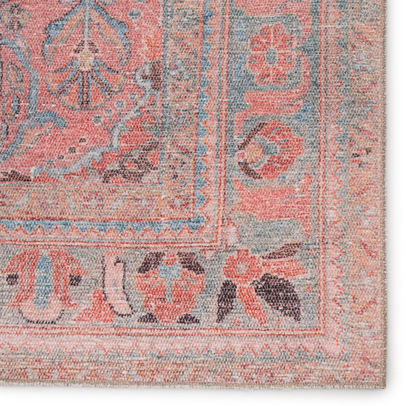 Tapis oriental rose / bleu clair lavable à la machine, Rectangle 6 pi x 9 pi