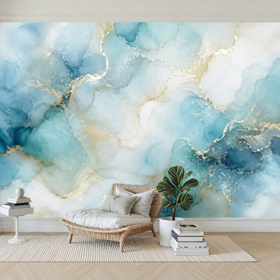 Papier peint adhésif mural abstrait bleu doré à encre fluide et effet marbre effet autocollant amovible, papier peint mural pour salon Chambre à coucher H 100 po x l 144 po