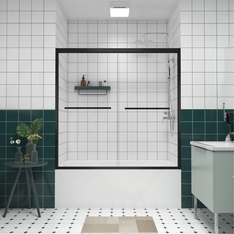 56-60"x58" Aluminum Frame Double Sliding Bathtub Screen,Bypass Bathroom Sliding Door with Premium 1/4" (6mm) Clear Tempered Glass, Matte Black Finished