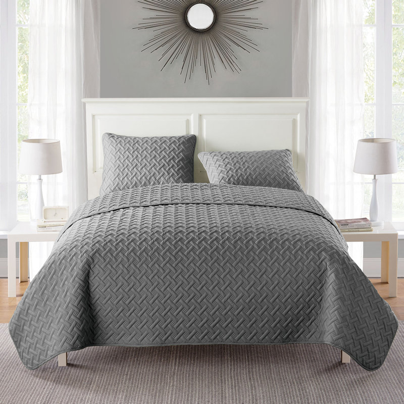  Microfiber Reversible Modern & Contemporary Set, Full/Queen Coverlet + 2 Shams, Grey