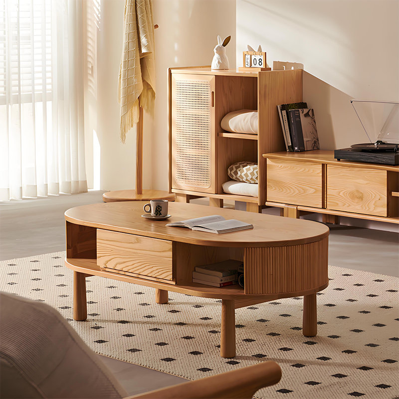 Table basse 50,39 "moderne minimaliste en bois massif ovale avec tiroirs