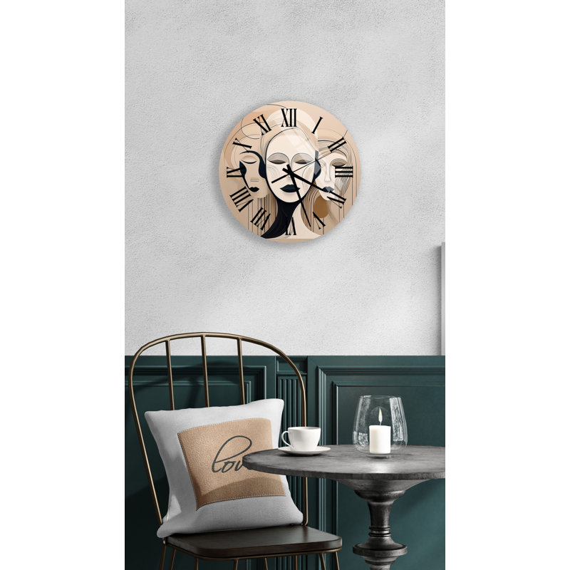 Horloge murale minimaliste Silhouettes féminines en verre trempé beige et noir, Noir