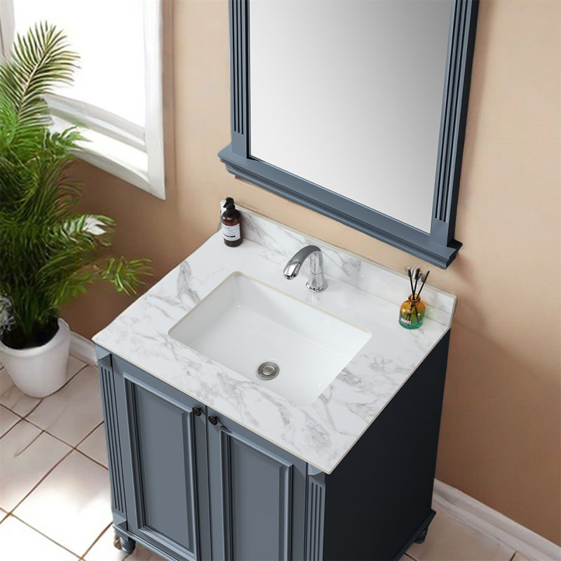 Dessus de meuble-lavabo 31 po x 22 po, dessus de meuble-lavabo en pierre frittée Carra White avec lavabo rectangulaire encastré en céramique avec dosseret, comptoir à un trou