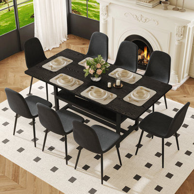 Ensemble de tables de salle à manger 71 x 35,4 pouces à grain noir / blanc avec rangement, 8 chaises de salle à manger en lin et coton à haute résilience