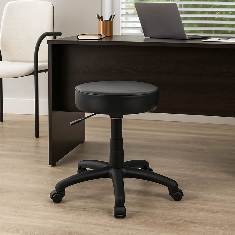 Tabouret pivotant avec hauteur réglable de 18 à 23 po, siège rond en vinyle noir