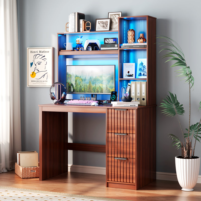 Computer Desk with 3 Drawers, LED Lighting, Charging Station & Bookshelf, Warm Brown
