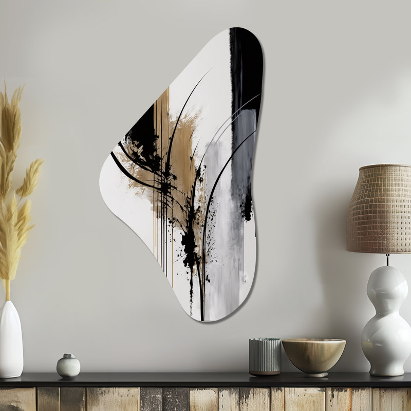 Art mural asymétrique en forme de Boomerang abstrait noir, blanc et or, H 39 po x l 21 po x P 1 po