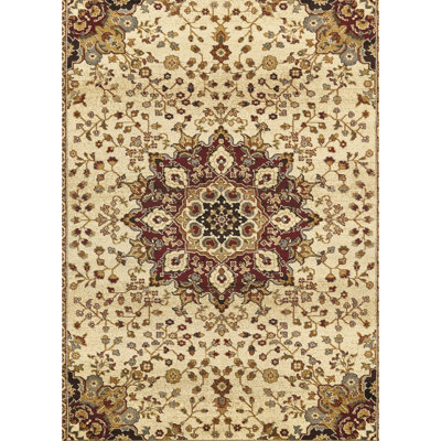 Tapis crème classique 5 pi 3 po X 7 po, avec motif en médaillon élégant, composition en polypropylène, long de 87, large de 63, idéal pour les tapis de chambre, présentant un motif intemporel, matériau, profondeur, largeur,