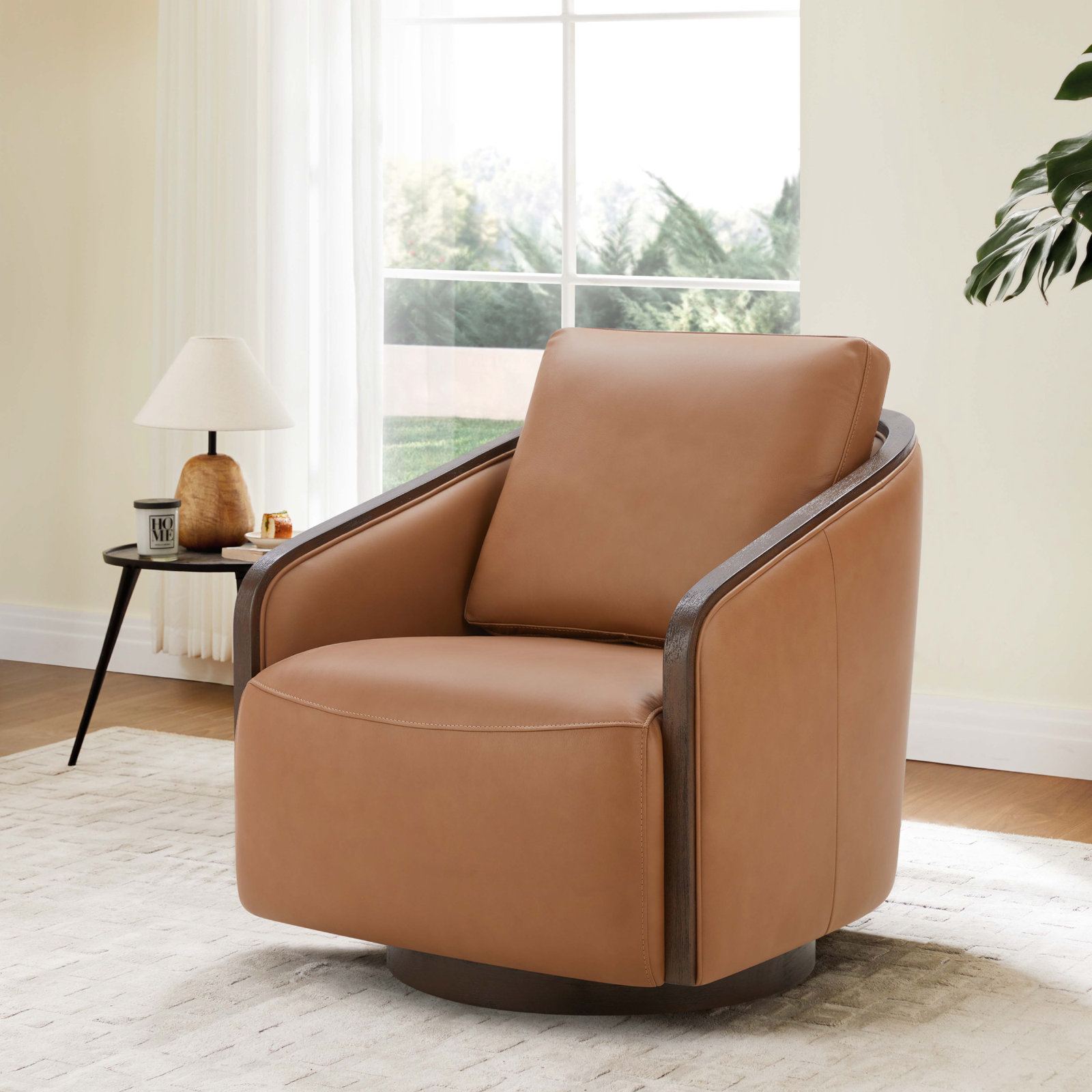 Nieve Genuine Leather Swivel Barrel Chair, Aline Butternut Top Grain Leather