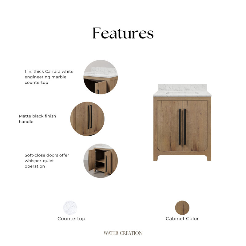 Graelyn 30 In. Single Rectangle Sink Bathroom Vanity With Engineered Carrara White Marble Top In Weathered Oak