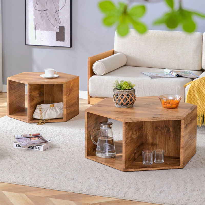 Minimalist patterns hexagonal Coffee Table Set.Hexagonal MDF coffee table, characteristic pattern stickers, multi-hole design to give more storage space.Two coffee tables of different sizes.
