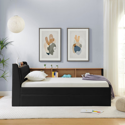 Upholstery Velvet Height Adjustable Day Bed with Storage Headboard and Wireless Charging, Multi-functional Daybed with Trundle Bed & LED Lights