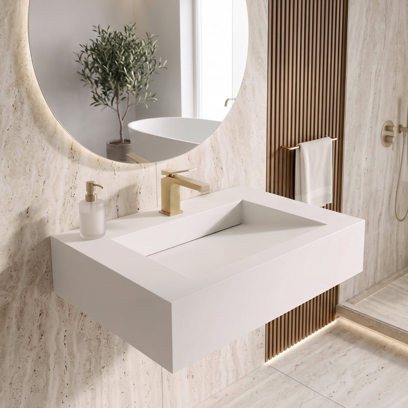 Lavabo de salle de bain mural Pyramid 24 "avec cuve à rampe - blanc, Simple, Blanc