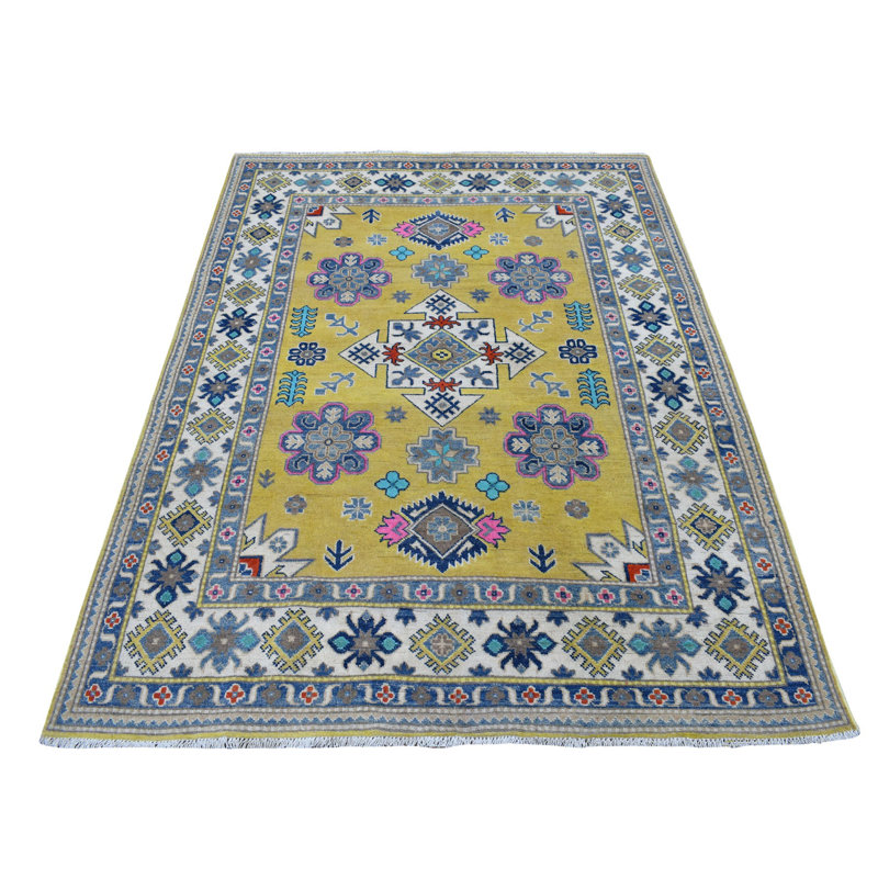 Tapis décoratif de conception unique noué à la main new age yellow de 4 pi 1 po x 6 pi 6 po