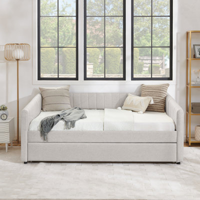 Daybed with trundle - upholstered sofa bed, vertical stripes, linen fabric