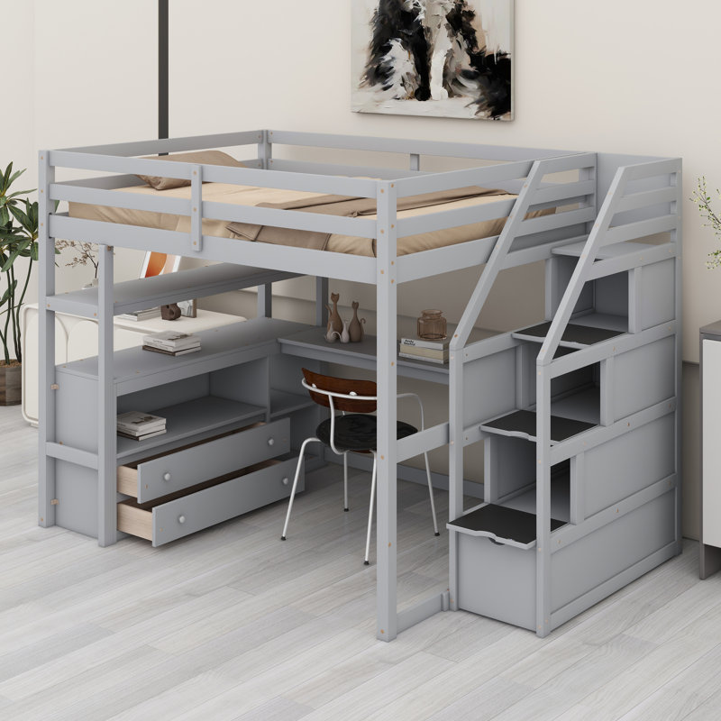 Lit mezzanine avec bureau et tablettes, deux tiroirs intégrés, escalier de rangement, Gris