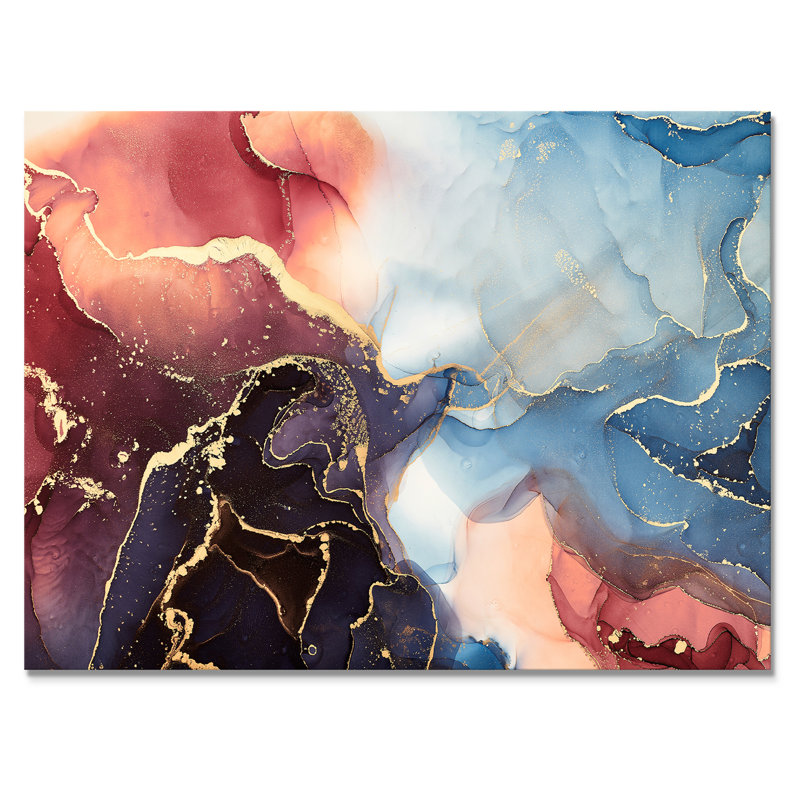 «Brown and Blue Luxury Abstract Fluid VI», peinture sur toile, H 30 po x l 40 po x P 1,5 po, Toile tendue