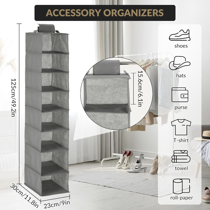 3 Pack Gray 3-Tier Hanging Shoe Organizer With 8 Storage Shelves And Dual Hooks, Tool Free Space Saving Closet Hanging Storage Holder For Shoes Bags Scarves Daily Accessories