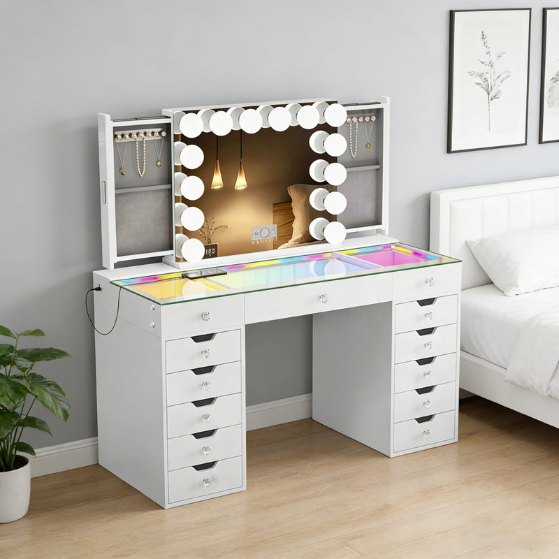 Ensemble de coiffeuse de maquillage avec miroir de rangement pour bijoux et plateau en verre