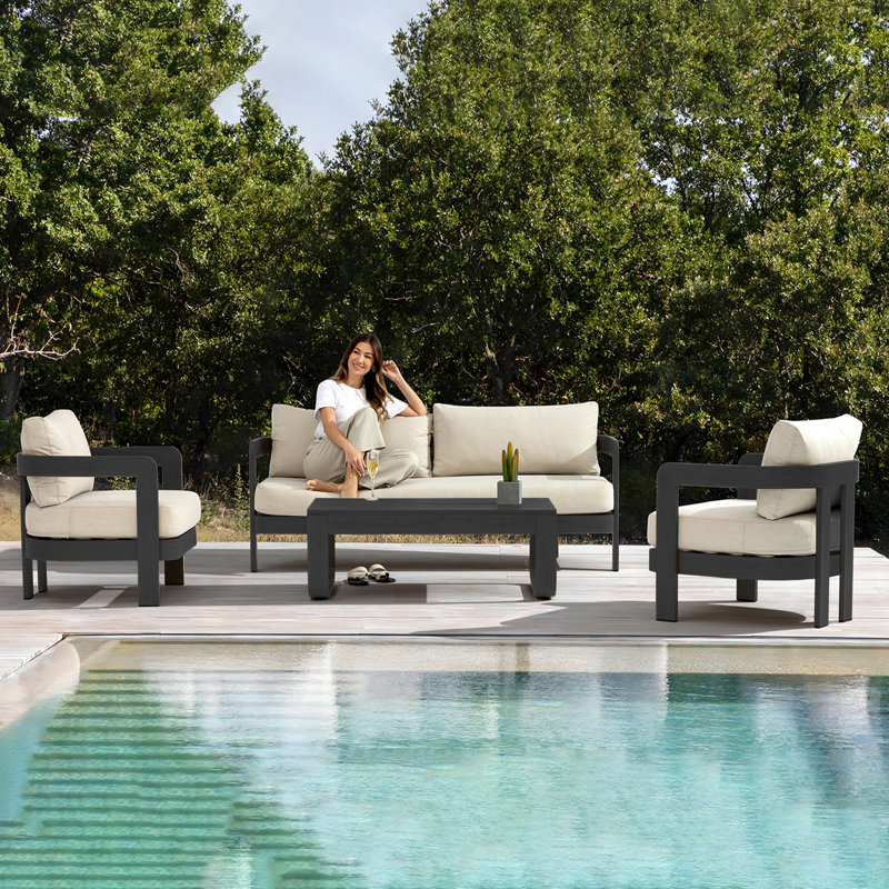 Assembly Free Sofa, Quick Assembly Coffee Table,Outdoor Aluminum Sofa Set,  5 Person Outdoor Seating Sofa, Wood Grain Veneer Sofa Set for Patio