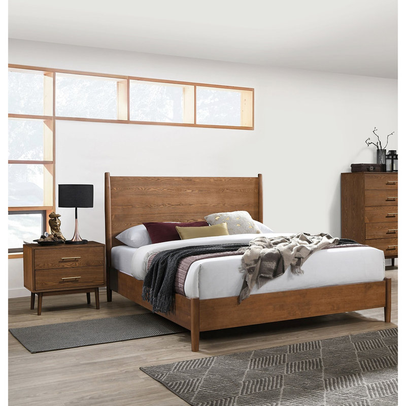 Chambre à coucher de style moderne Mid-Century 3 pièces avec noyer, bois massif et tête de lit grand avec tête de lit et poignées en nickel