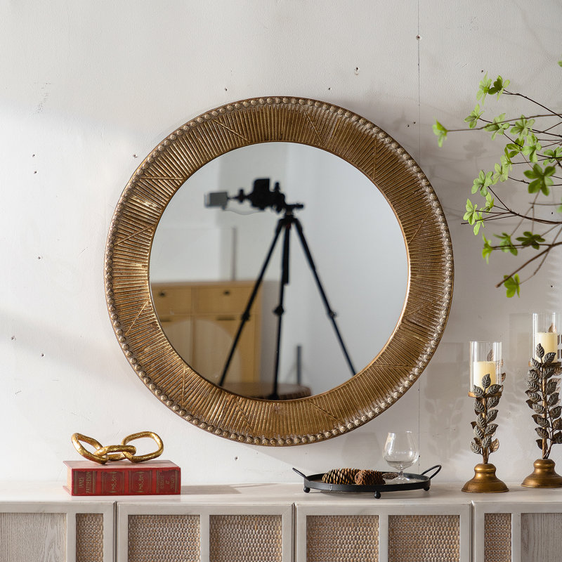 31.3 Inch Gold Textured Round Wall Mirror With Iron Frame And MDF Back, Perfect Boho Accent For Living Room Or Bedroom