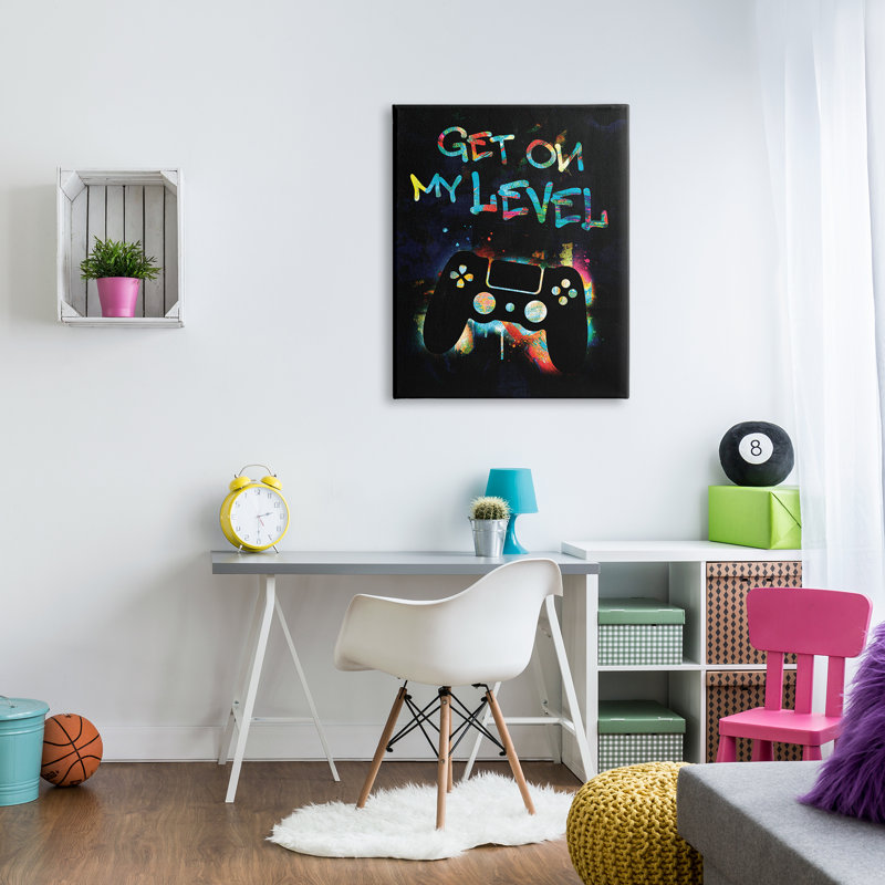 «Get on My Level Gaming contrôleur Neon Paint Splatter» par Victoria Barnes - cadre flottant, impression sur toile