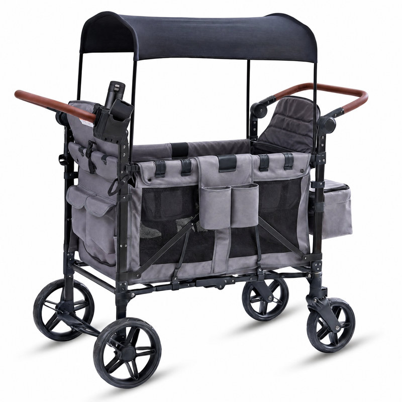 Wagon pliable 4 places pour 4 enfants, poignée réglable, auvent amovible, plateau à collation, porte-gobelets et téléphone, grand espace de rangement