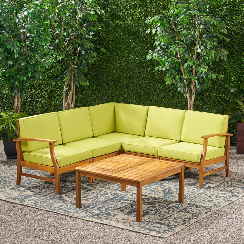 Allieana Modern Acacia Wood 6-Piece Outdoor Sectional Seating Group with Water-Repellent Cushions and Modular Latch Design