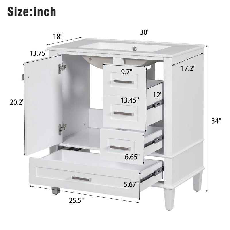 30'' Single Bathroom Vanity with Ceramic Top, White