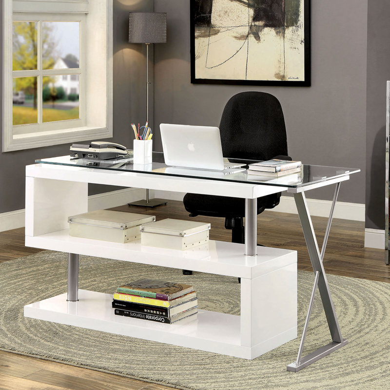 Kelford L-Shaped Glass Top Writing Desk, White