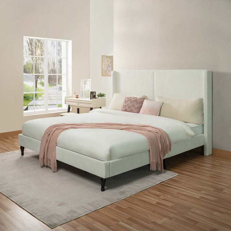 Structure de lit en tissu avec tête de lit rembourrée Boucle, White, Très grand