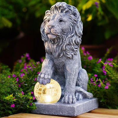 Solar Guardian Lion Garden Statue, Outdoor Decorative Sculpture with Ball Lights, Suitable for Yard Art Porch Terrace