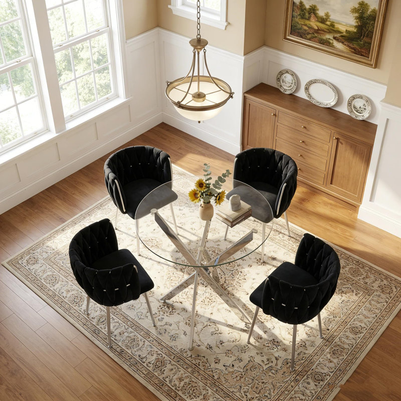35" Round Glass Dining Table Set For 4, Modern Minimalist Tempered Glass Kitchen Table With 4 Velvet Chairs, For Dining Room, Kitchen