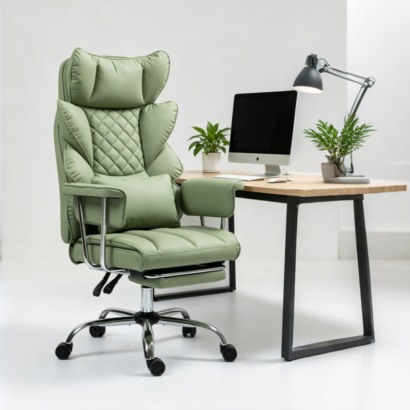 Ergonomic High Back Leather Executive Office Chair With Footrest & Lumbar Pillow, Green