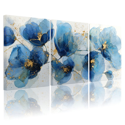 Art floral bleu abstrait avec détails dorés sur toile tendue, ensemble de 3 reproductions de peintures à l'huile