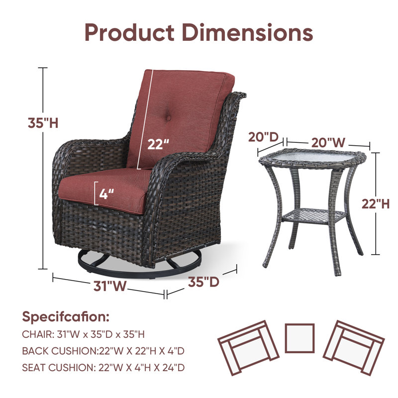 Outdoor Swivel Rocker Chairs, 3 Piece Wicker Patio Set with Thickened Cushions, High Back, Deep Seating, Wide Armrest, Outdoor Swivel Chairs for Porch, Deck
