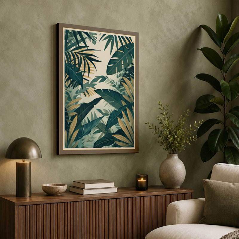 Layered Tropical Foliage Botanical - Wrapped Canvas, 30x20 - 76.2 x 50.8 cm, Teal Border