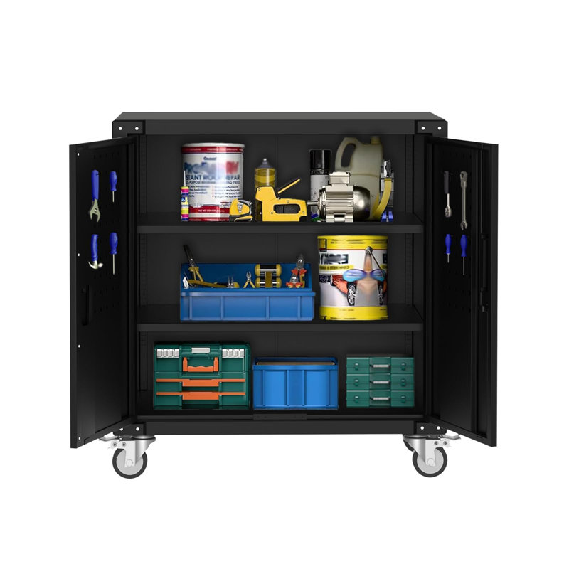 Metal Storage Cabinet, Rolling Tool Cabinet with 2 Adjustable Shelves, Pegboard, Locks & 4 Wheels, Heavy Duty & Rust Resistant for Garage, Workshop, Black
