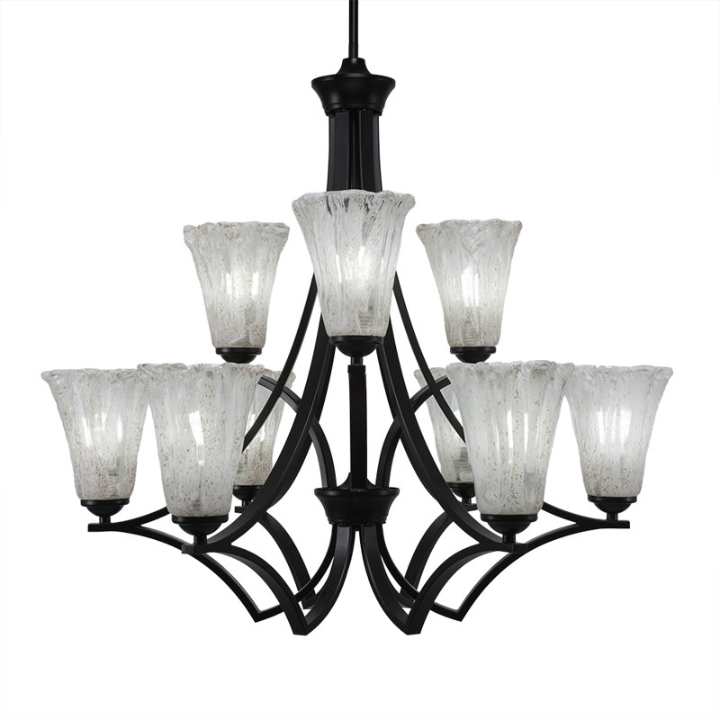 Zilo 9 Light Uplight Chandelier Shown In Dark Granite Finish With 5.5" Fluted Italian Ice Glass, Matte Black