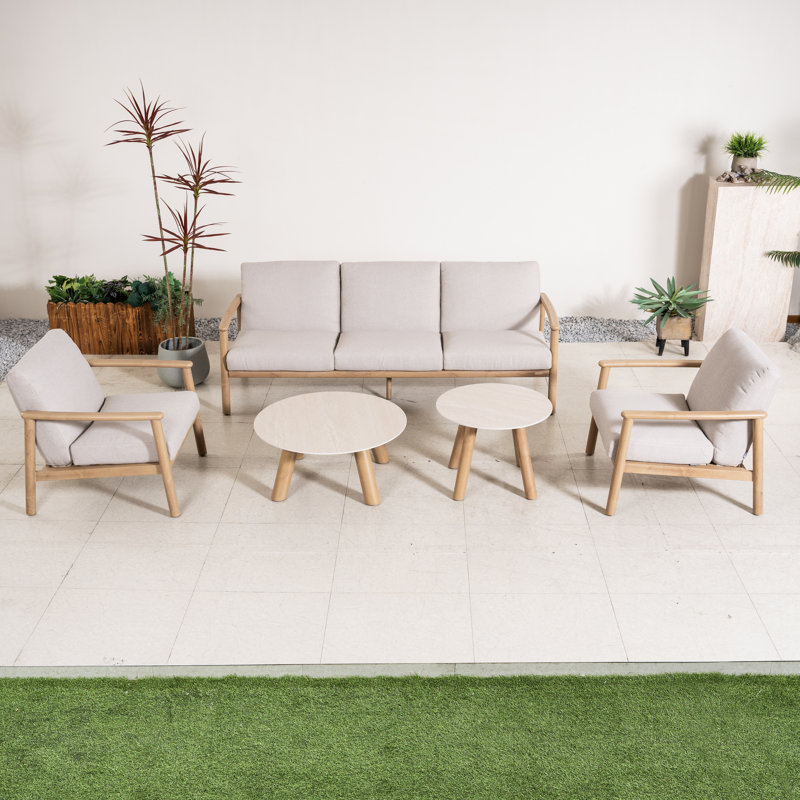 Ensemble de conversation de patio 5 pièces en aluminium avec coussins amovibles, structure aspect bois et tables basses en pierre frittée