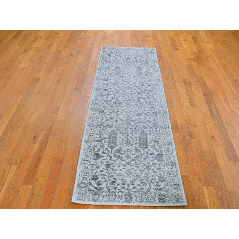 Tapis de couloir gris / bleu clair noué à la main de conception unique 2 pi 5 po x 8 pi Frea