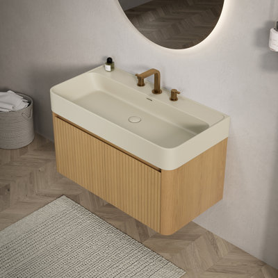 Ensemble de meuble-lavabo et lavabo 48 po, armoire de rangement flottante, surface intégrée blanc brillant avec 3 trous de robinet pré-percés, robinet et drain non assemblés