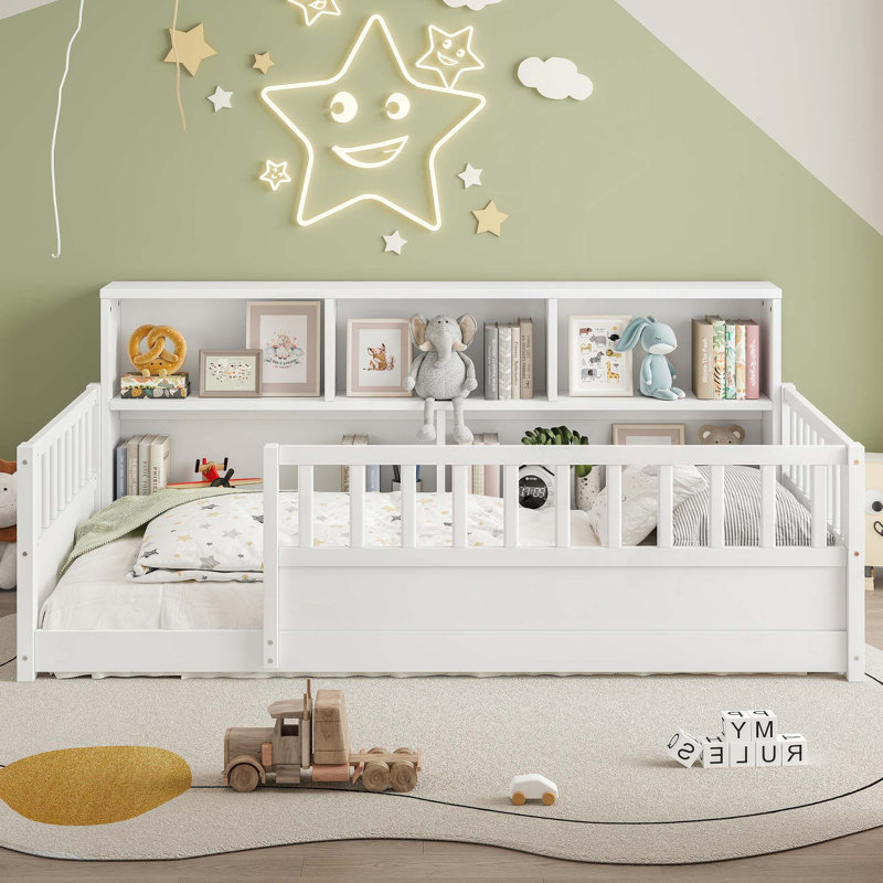 Wooden Floor Bed with A Fence-Style Guardrail,Featuring a Side Storage Decorative Function, Twin, White