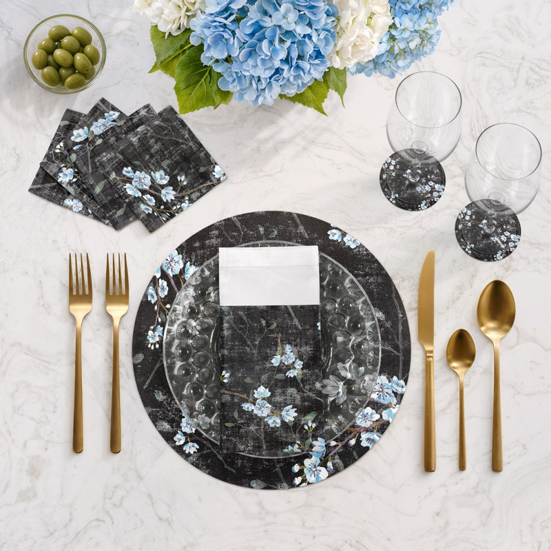Blossom Fantasia Cotton Sateen Cocktail Napkins, Black/Blue