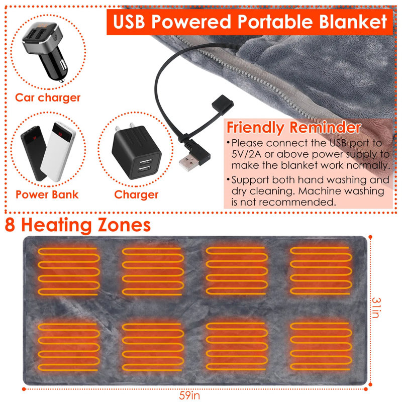 Poncho chauffant usb 59 po x 31 po - châle électrique portable avec fermeture à glissière et 3 réglages de chaleur, 8 zones de chauffage, flanelle lavable à la machine pour le bureau à domicile