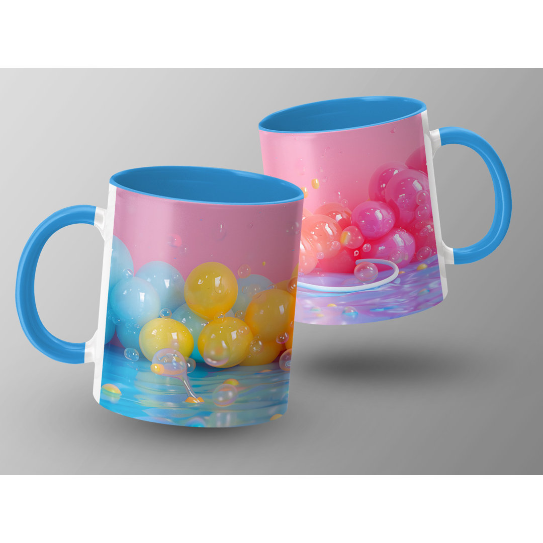 Set of 3 Colourful 3D Design 11oz Accent Mugs – White Ceramic Coffee Cups with a Light Blue Handle and Interior