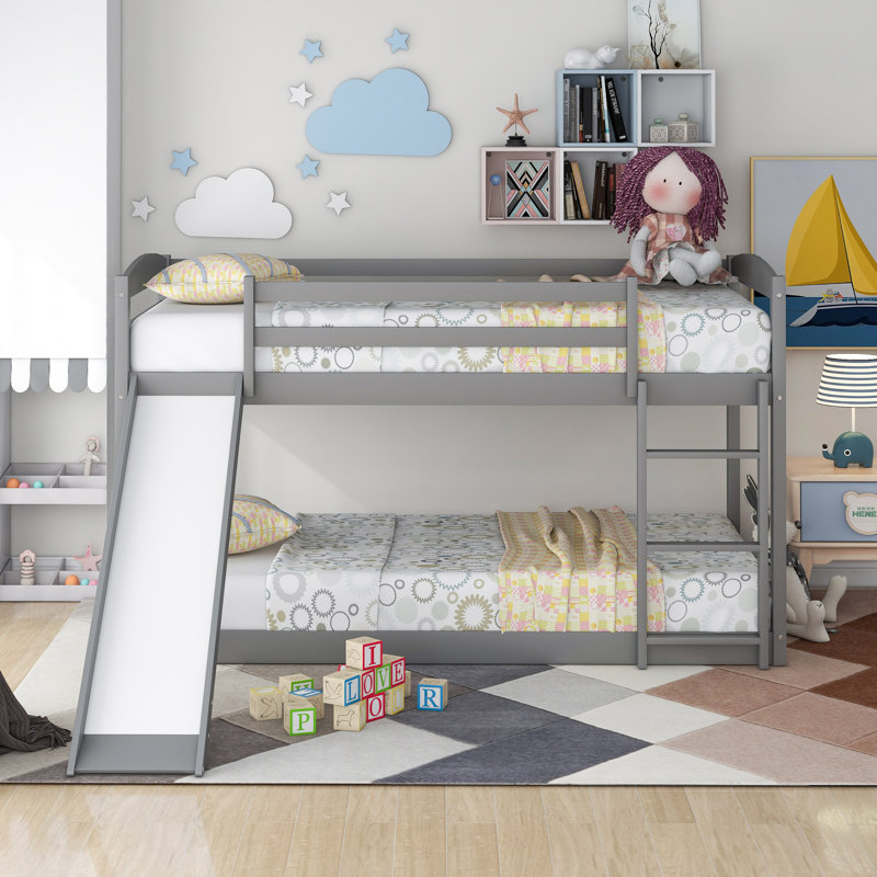 Lit superposé simple au-dessus d'un lit simple avec glissière convertible et échelle, Gris
